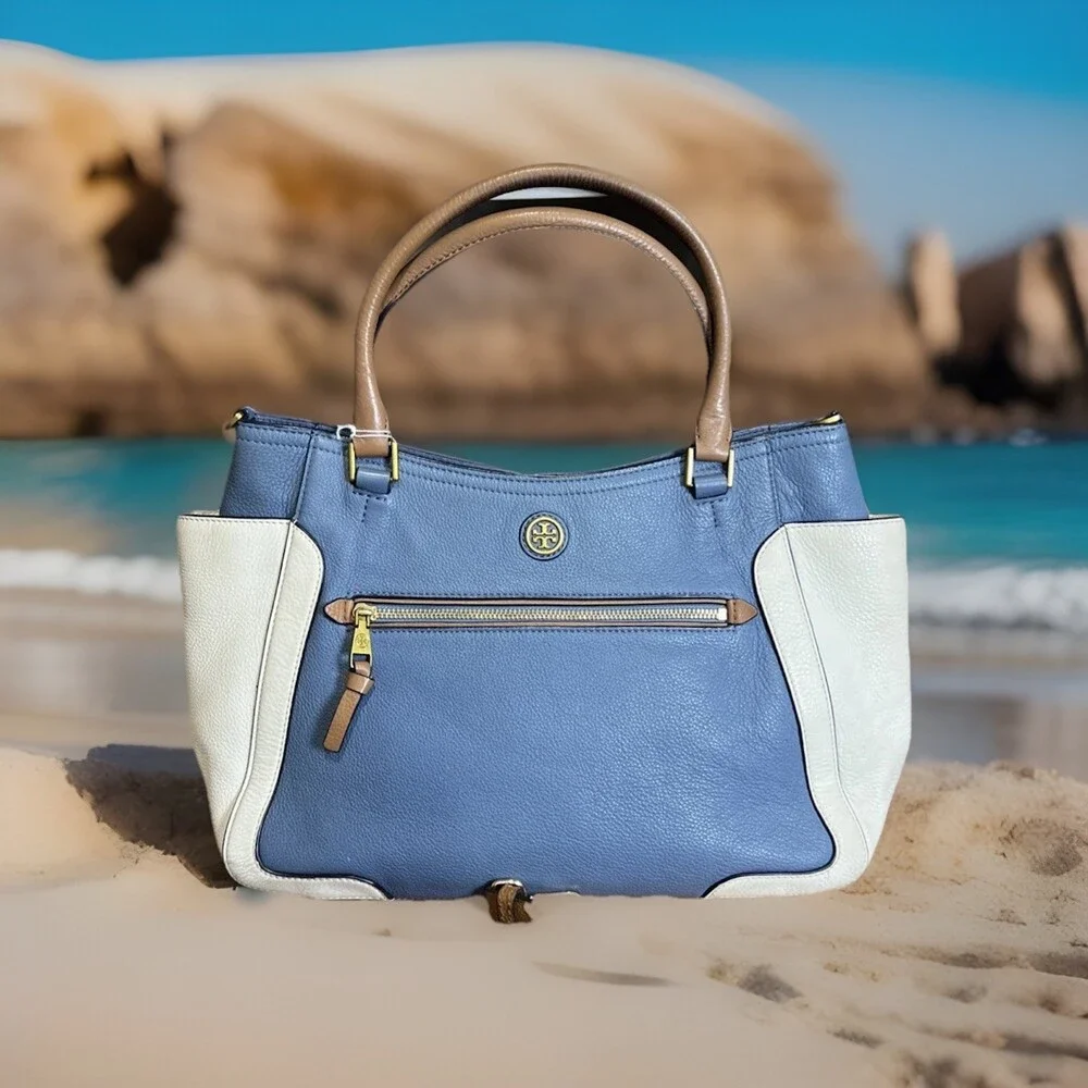Tory Burch Frances Colorblock Satchel Pebbled Leather Handbag Comet Blue/White